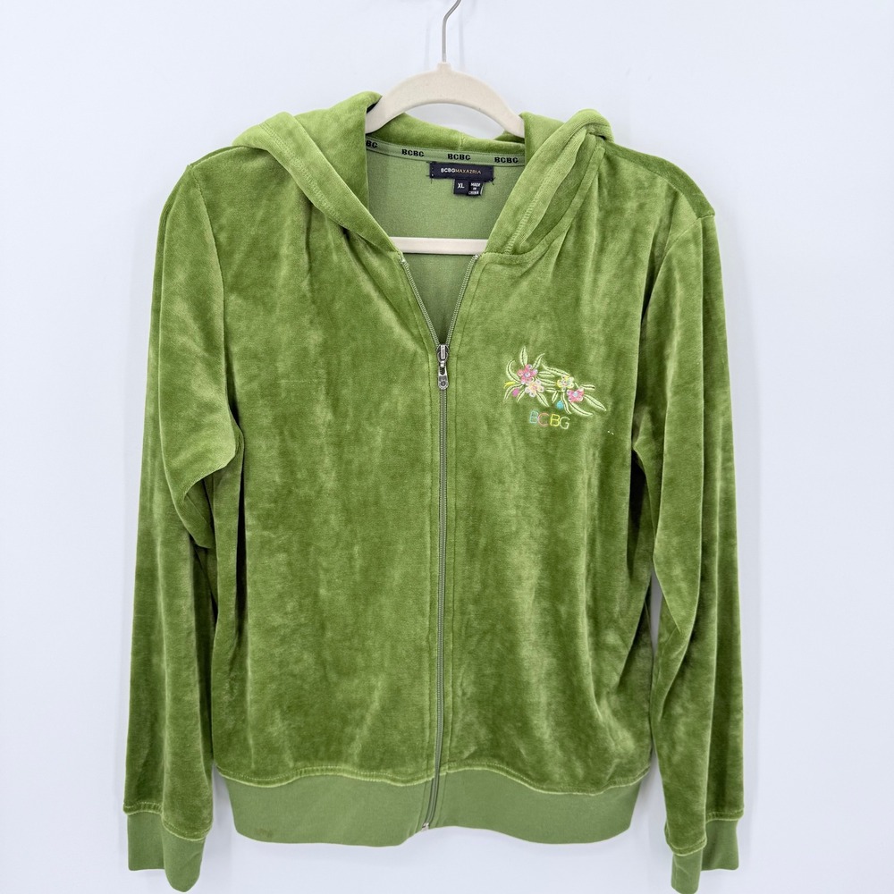 BCBGMAXAZRIA Lime Green Velour Zip Up Hoodie Embroidered Bird Floral Sequin XL